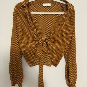 Victoria + Sophia Mustard Polka Dot Tie-Front Blouse